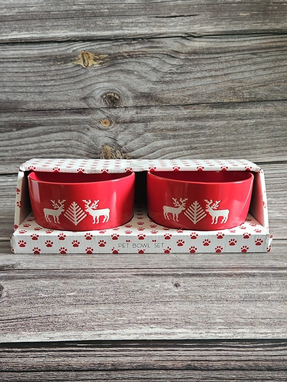 Red Holiday Pet Bowl Set with Reindeer Motif